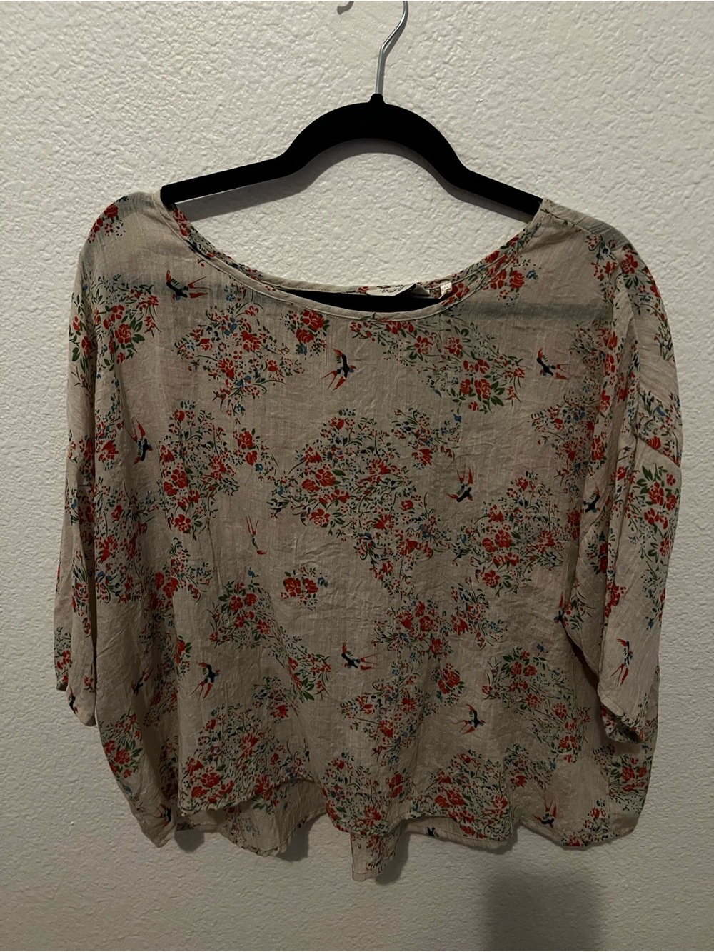 True Grit Beige Floral Blouse with Red & Green Print